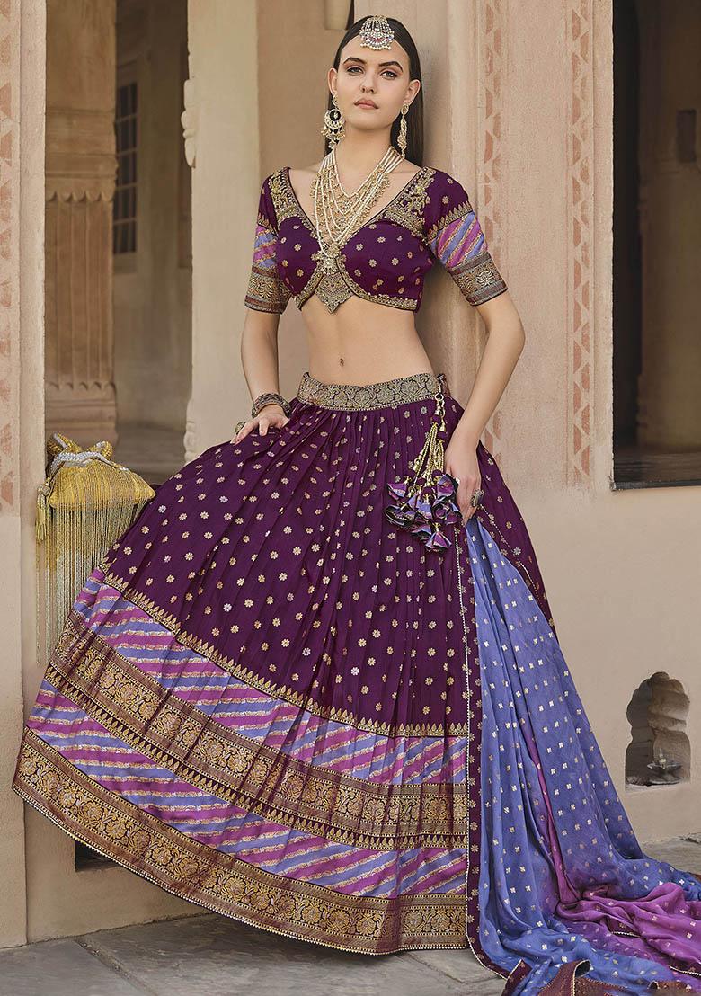 Purple Printed Silk Lehenga Set