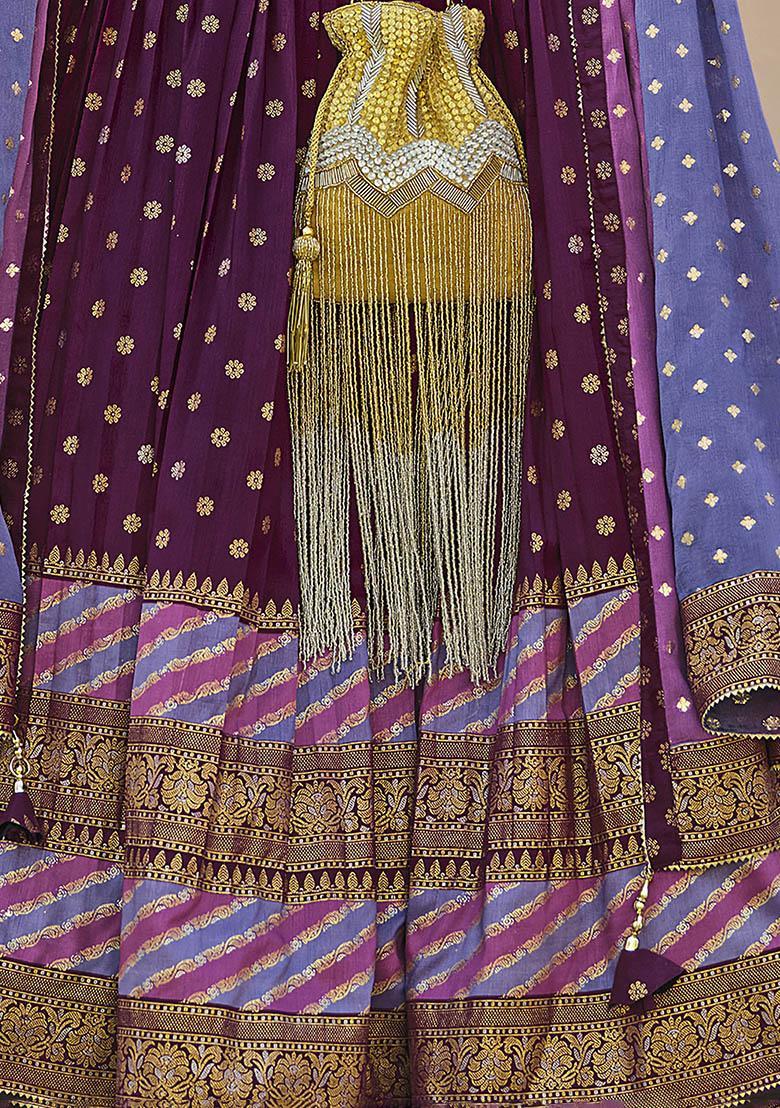 Purple Printed Silk Lehenga Set