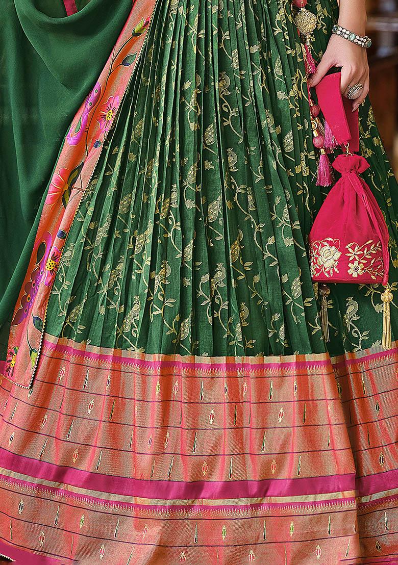 Green Zari Weaving Silk Lehenga Set
