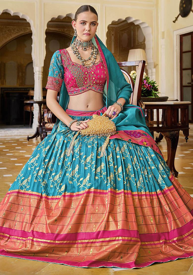 Sky Blue Printed Silk Lehenga Set