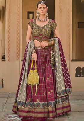 Purple Printed Silk Lehenga Set