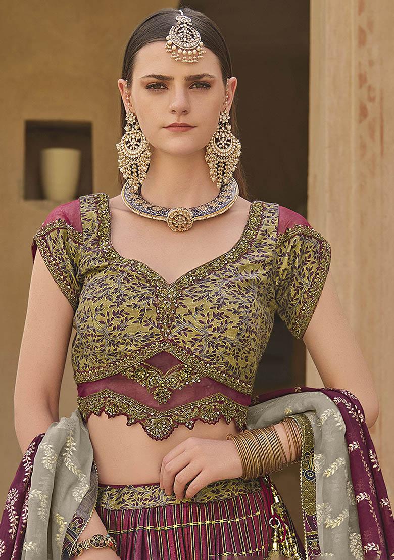 Purple Printed Silk Lehenga Set