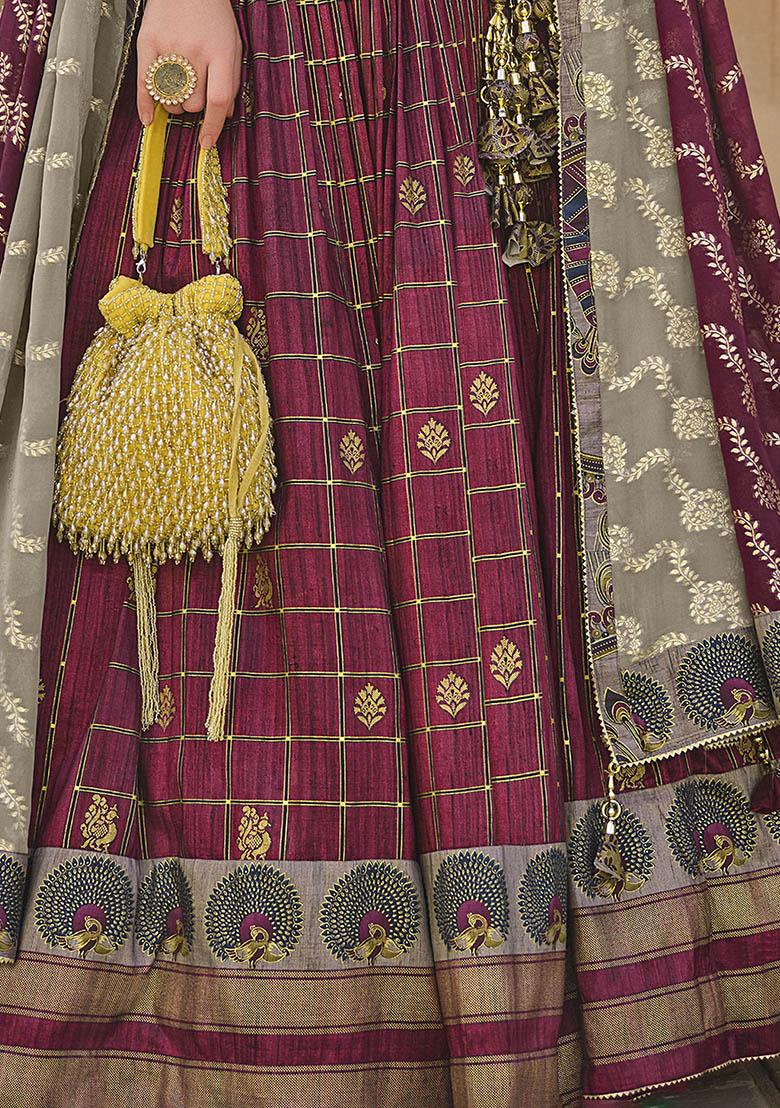 Purple Printed Silk Lehenga Set