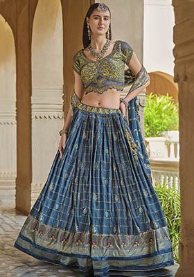 Blue Printed Silk Lehenga Set
