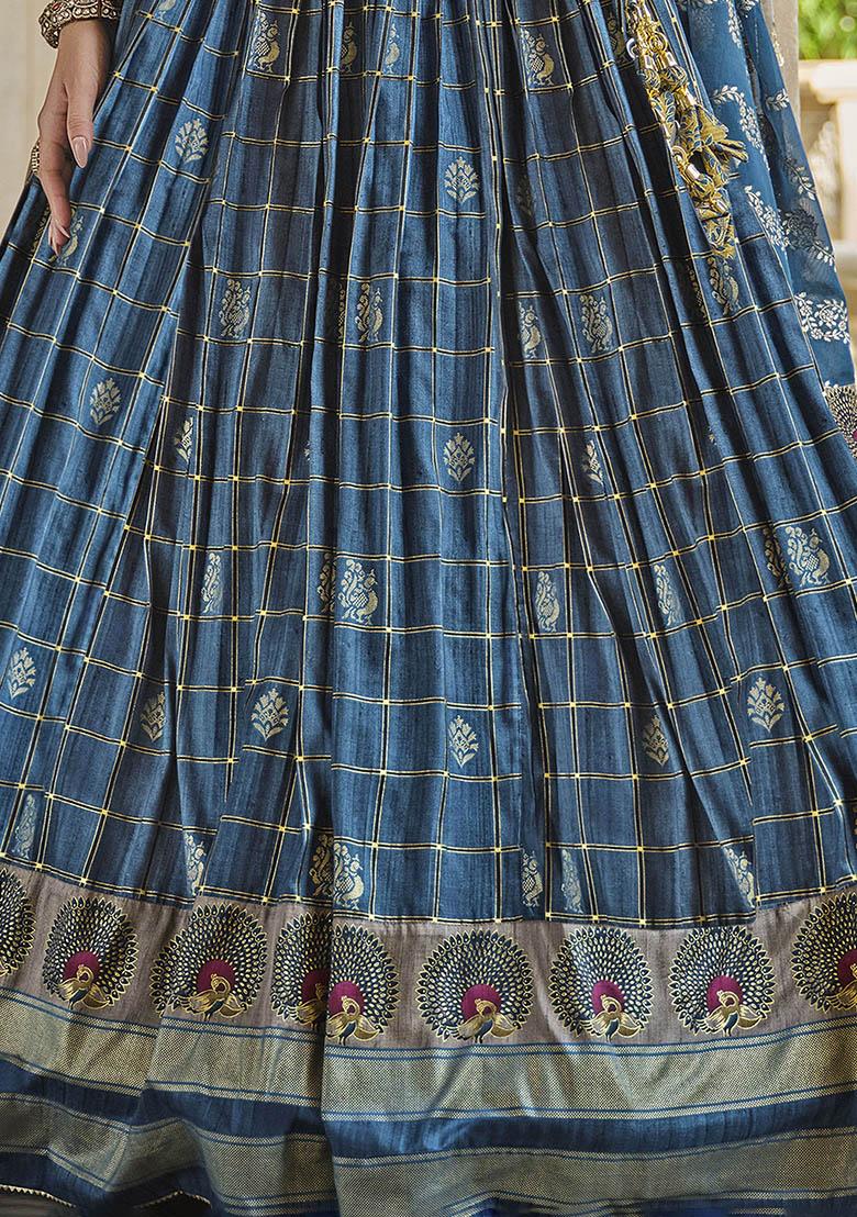 Blue Printed Silk Lehenga Set