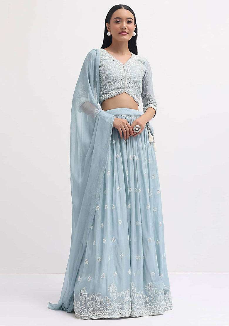 Blue Embroidered Georgette Lehenga Set for Diwali and Festive Wear - Indya
