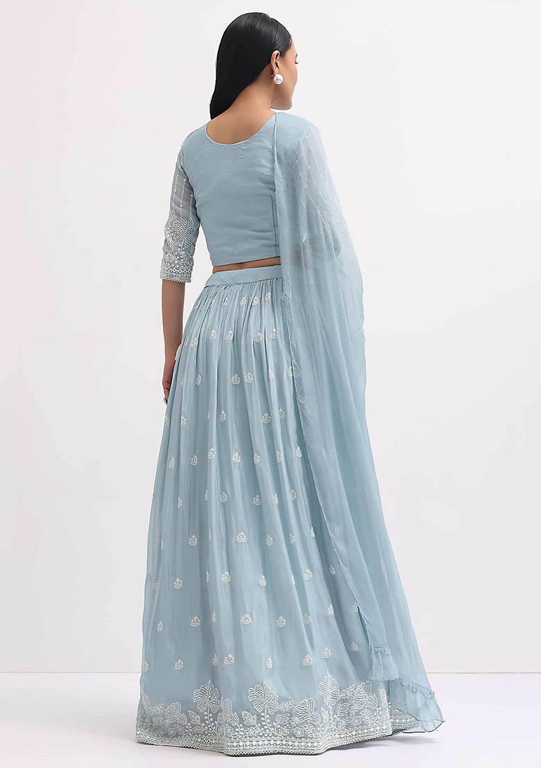 Blue Embroidered Georgette Lehenga Set