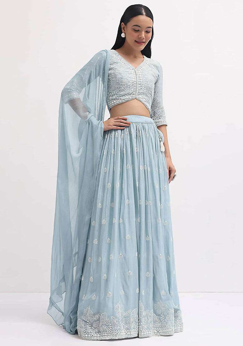 Blue Embroidered Georgette Lehenga Set for Diwali and Festive Wear - Indya