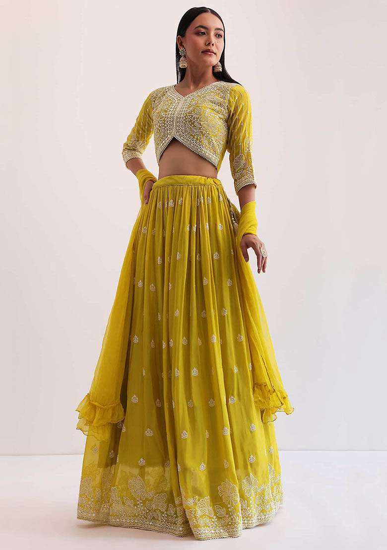 Yellow Embroidered Georgette Lehenga Set for Diwali and Festive Wear - Indya