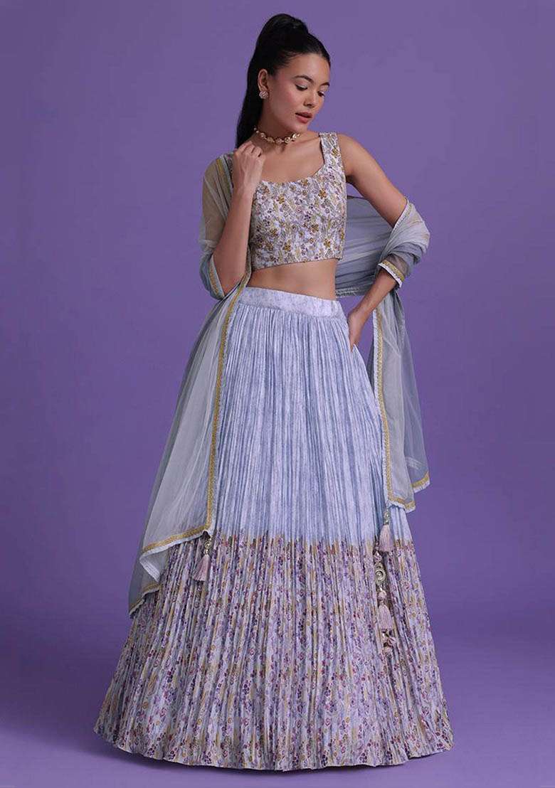 Blue Georgette Lehenga Set with Floral Print for Diwali | Wedding & Festive Wear - Indya