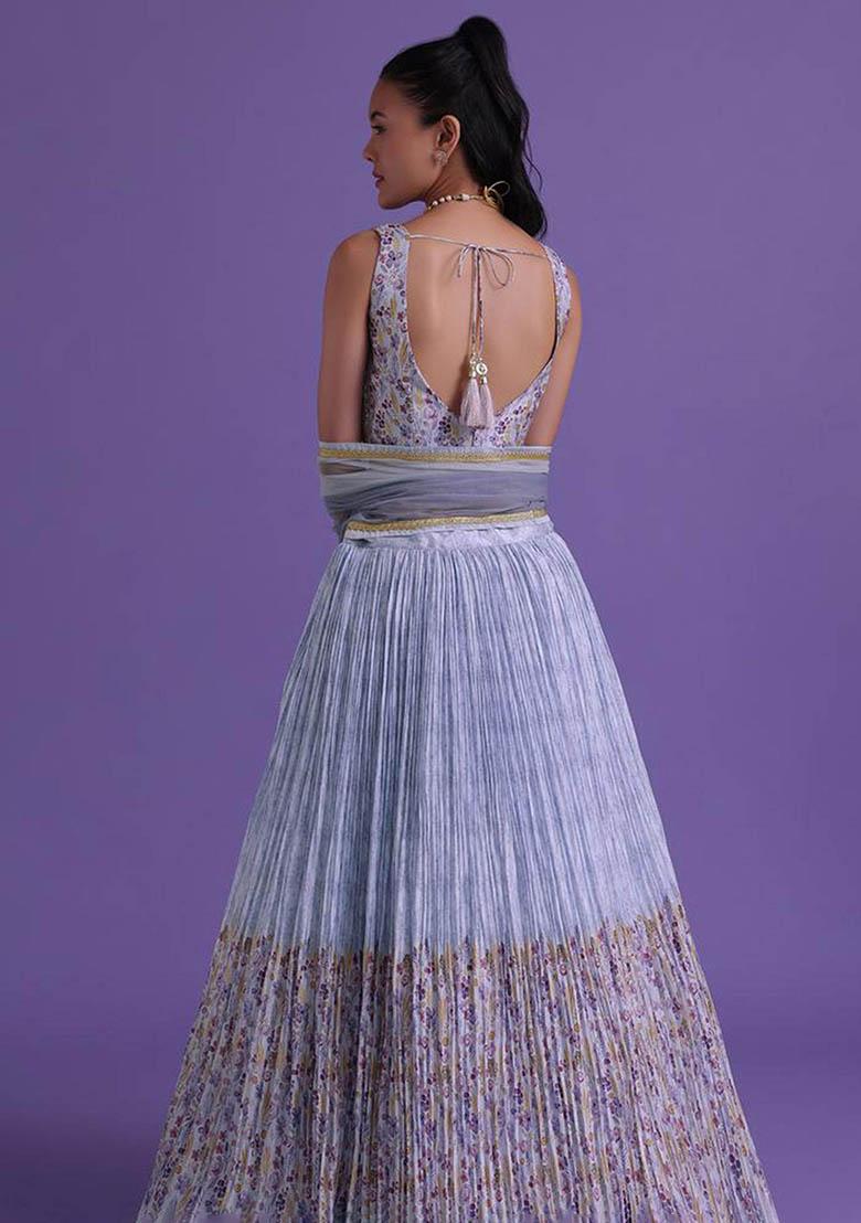 Blue Floral Print Georgette Lehenga Set