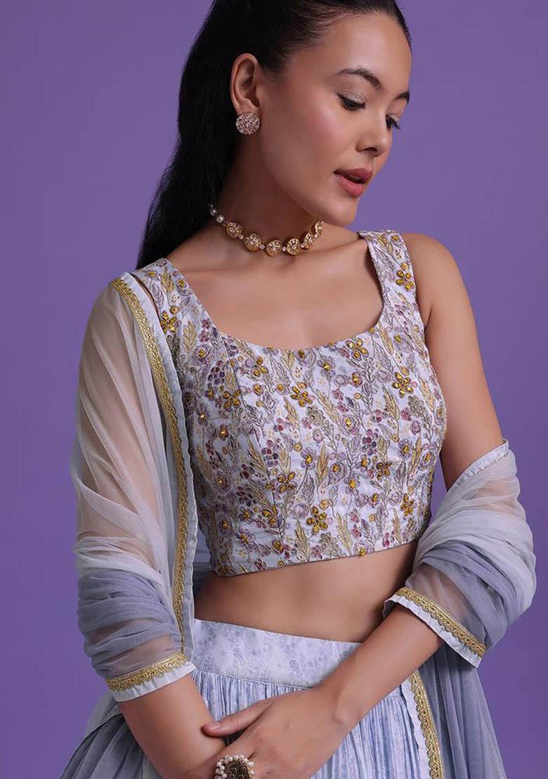 Blue Floral Print Georgette Lehenga Set