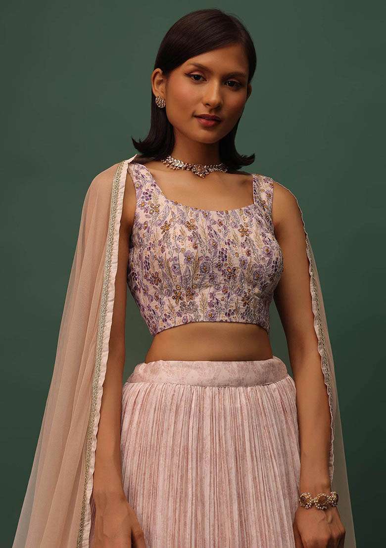 Peach Georgette Lehenga Set with Floral Print for Diwali | Wedding & Festive Wear - Indya