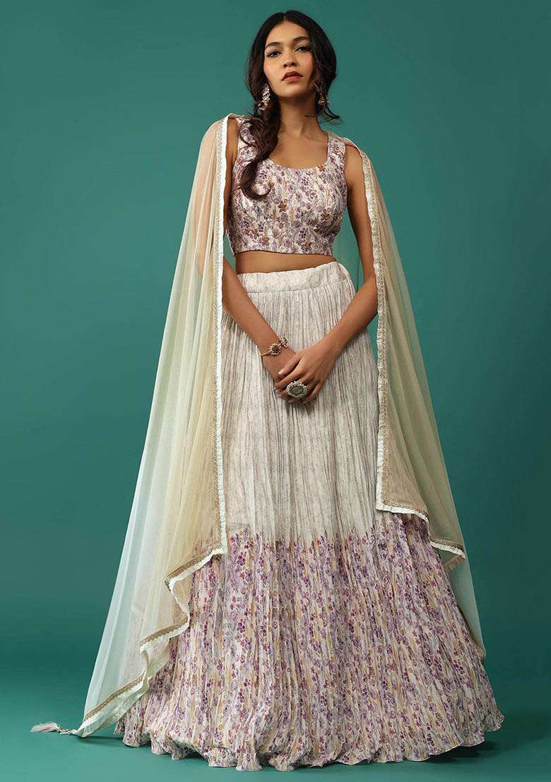 Off White Georgette Lehenga Set with Floral Print for Diwali | Wedding & Festive Wear - Indya