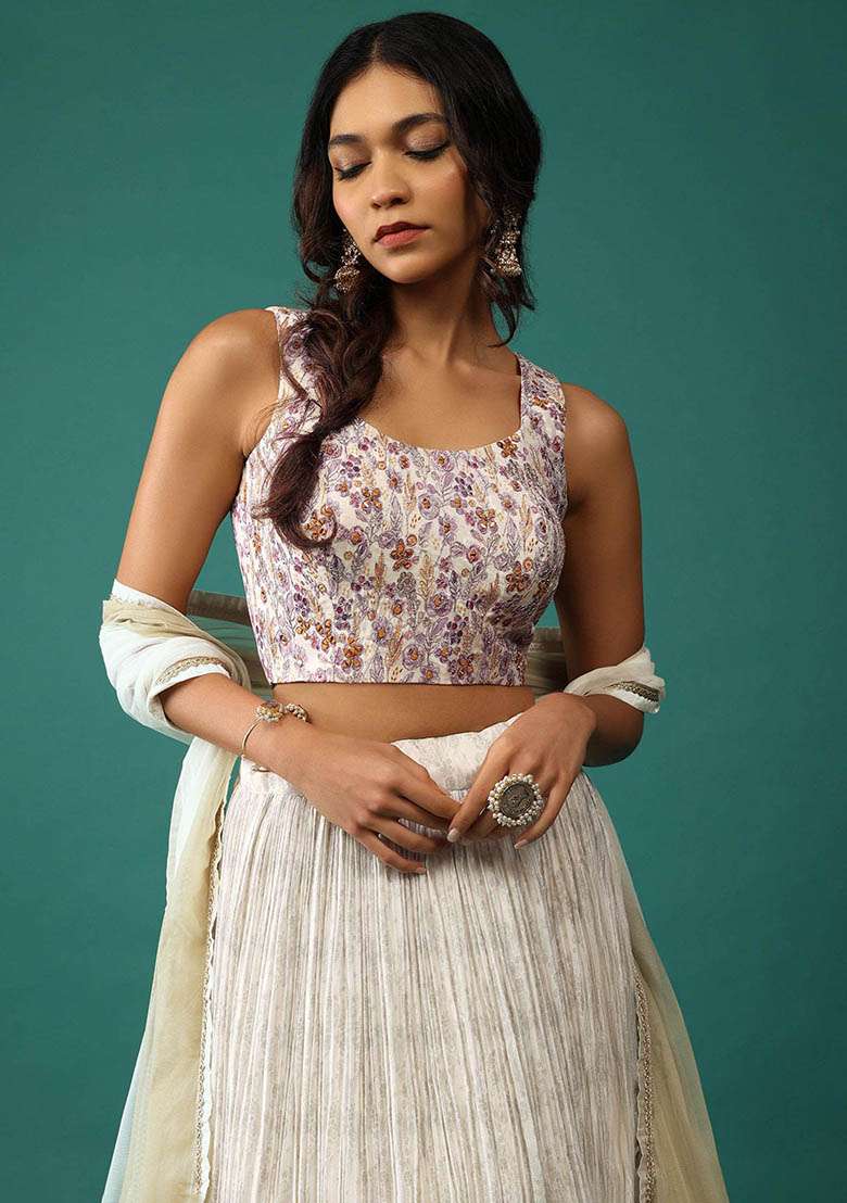 Off White Georgette Lehenga Set with Floral Print for Diwali | Wedding & Festive Wear - Indya
