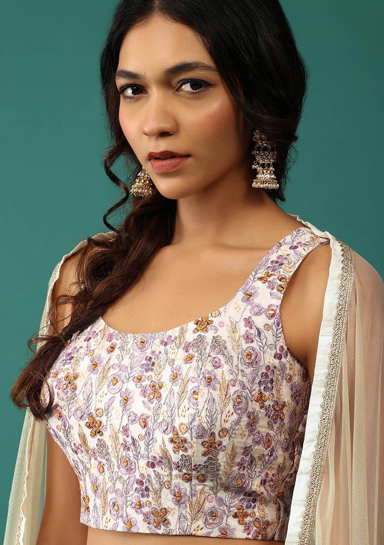 Off White Floral Print Georgette Lehenga Set