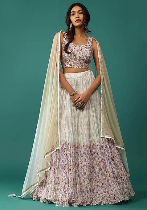 Off White Floral Print Georgette Lehenga Set