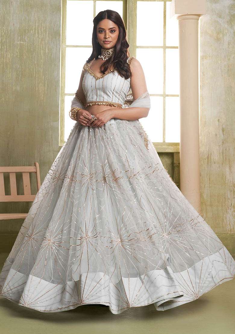 Grey Net Lehenga Set with Embroidered & Sequin for Diwali | Wedding & Festive Wear - Indya