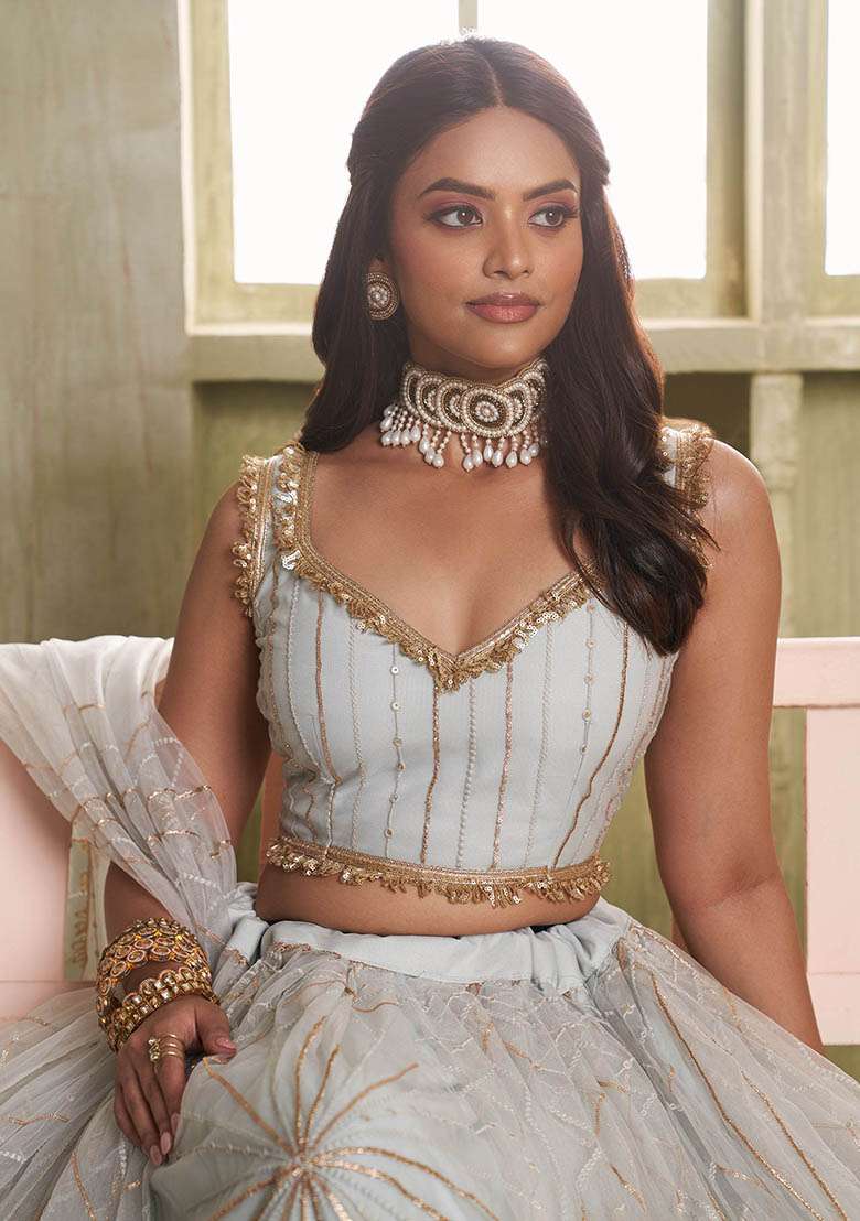 Grey Net Lehenga Set with Embroidered & Sequin for Diwali | Wedding & Festive Wear - Indya