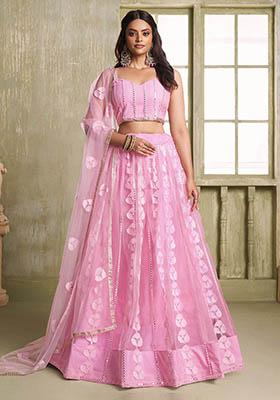 Pink Embroidered Net Lehenga Set