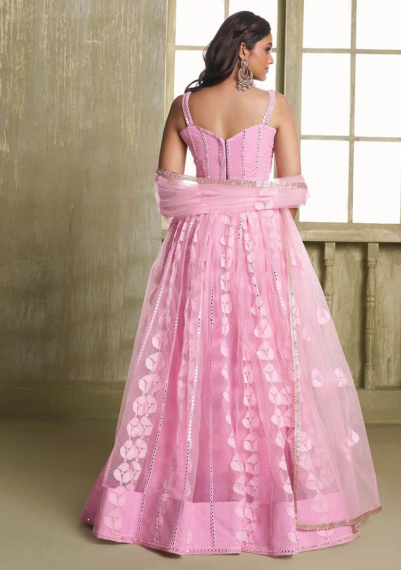 Pink Embroidered Net Lehenga Set