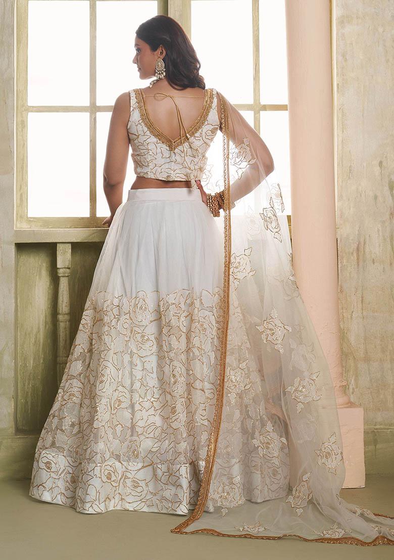 Off White Embroidered Net Lehenga Set