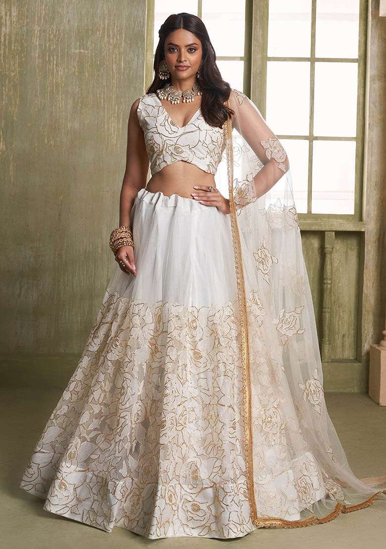 Off White Embroidered Net Lehenga Set for Diwali and Festive Wear - Indya