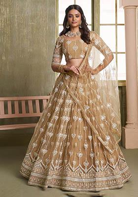 Beige Embroidered Net Lehenga Set
