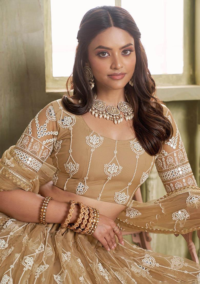 Beige Embroidered Net Lehenga Set