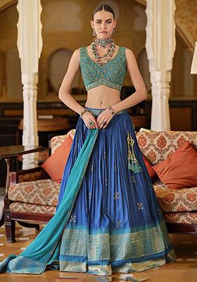 Blue Zari Weaving Silk Lehenga Set
