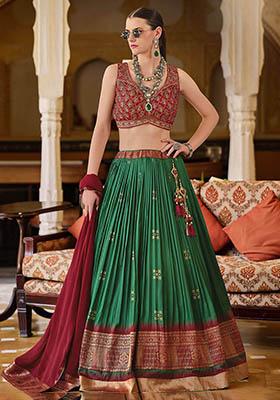 Green Zari Weaving Silk Lehenga Set