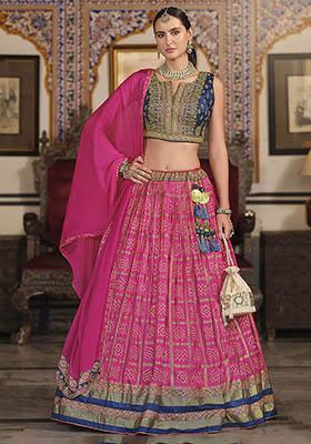 Pink Printed Silk Lehenga Set
