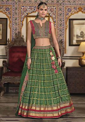 Green Printed Silk Lehenga Set