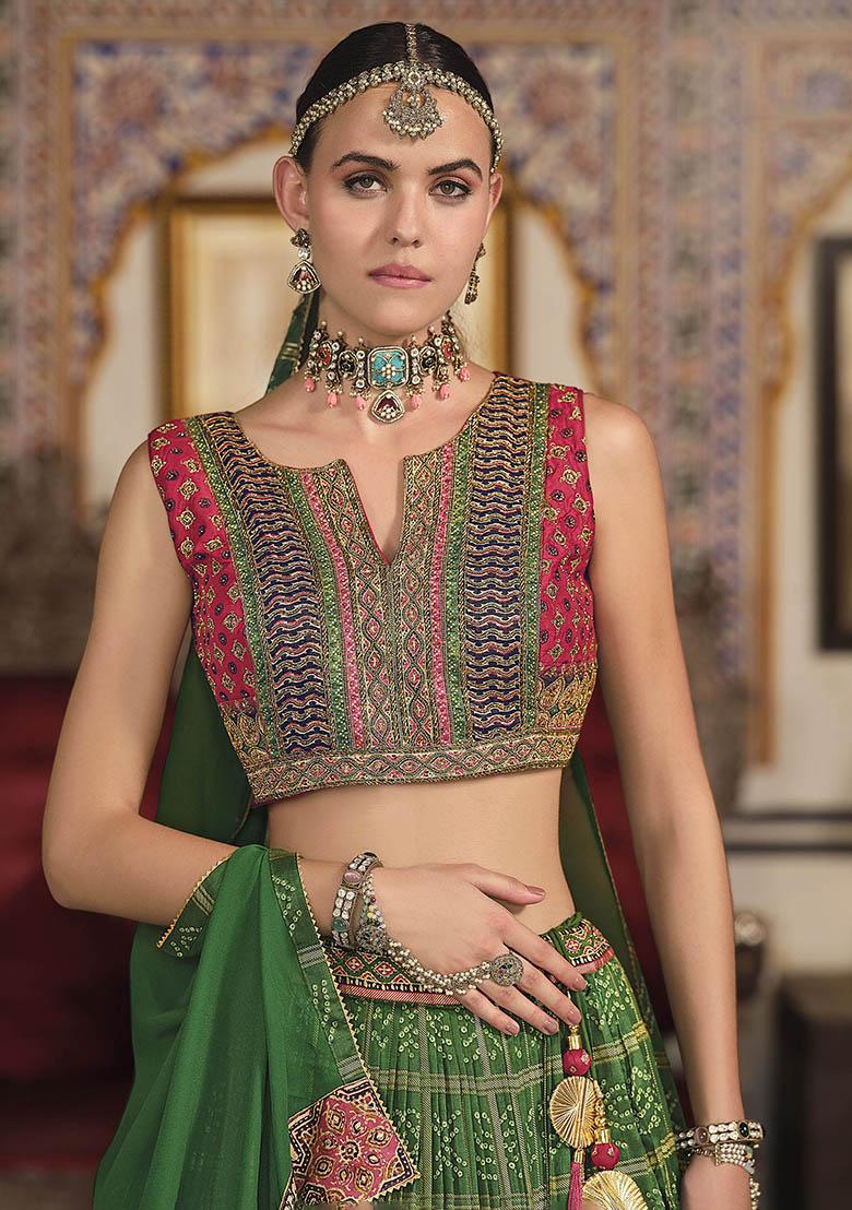 Green Printed Silk Lehenga Set