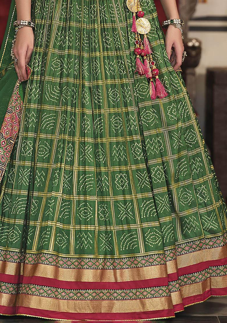 Green Printed Silk Lehenga Set