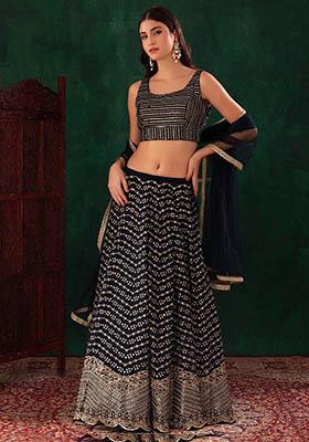 Navy Blue Sequin Embroidered Georgette Lehenga Set