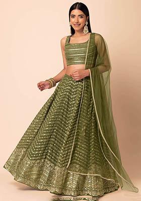 Green Embroidered Georgette Lehenga Set