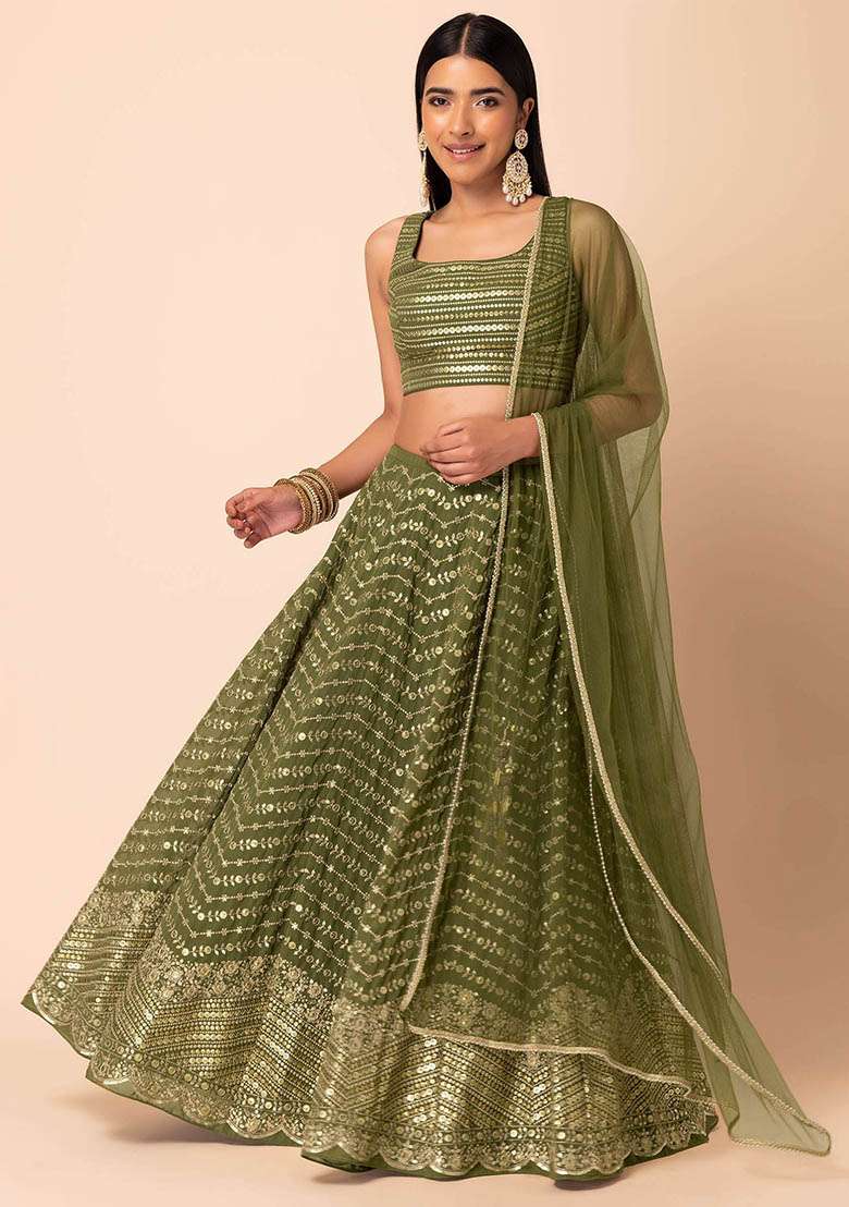 Green Embroidered Georgette Lehenga Set for Diwali and Festive Wear - Indya