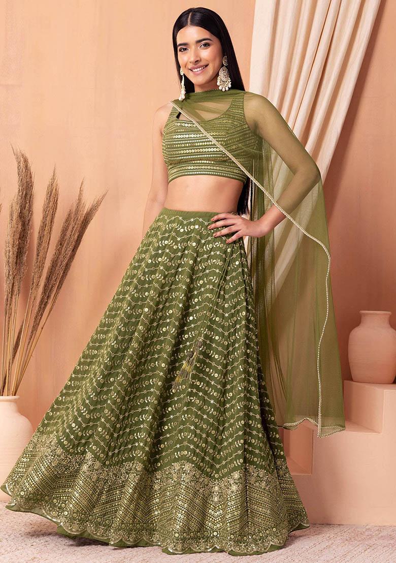 Green Embroidered Georgette Lehenga Set