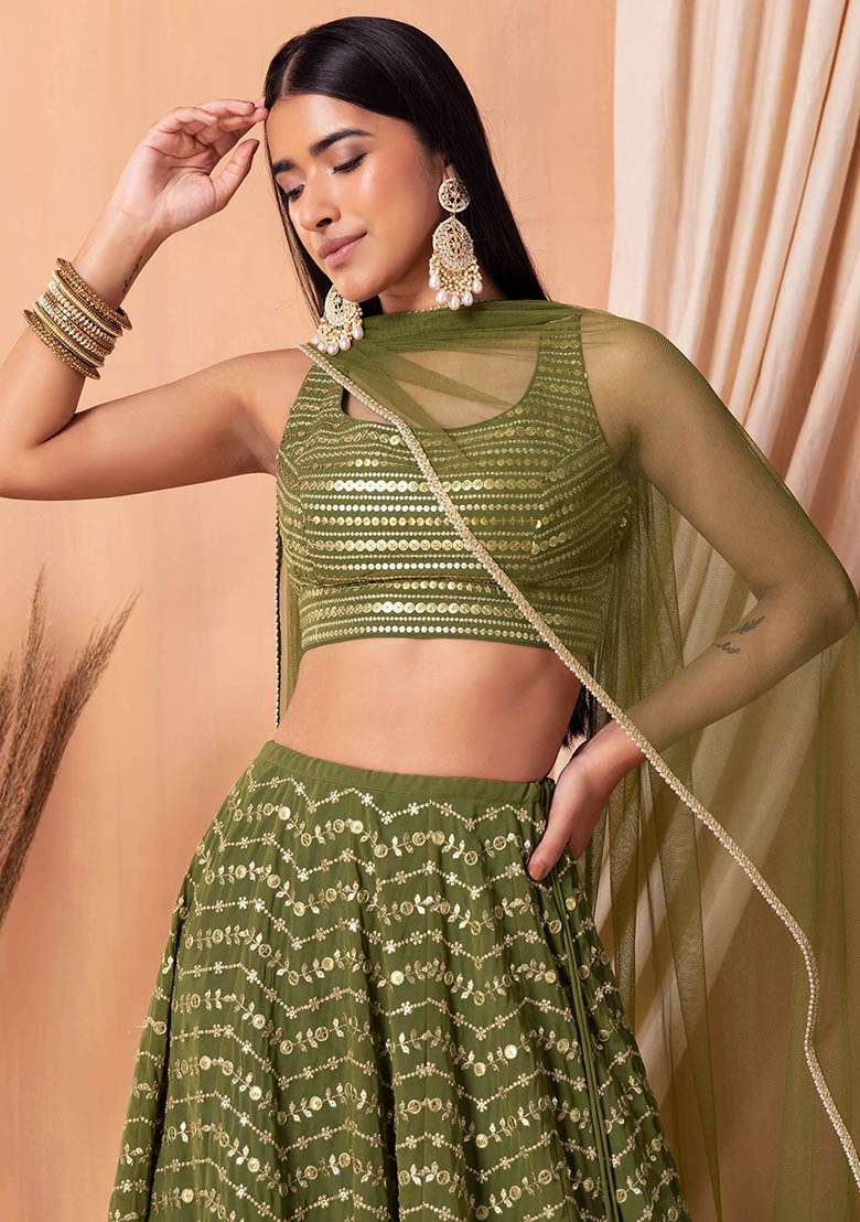 Green Embroidered Georgette Lehenga Set for Diwali and Festive Wear - Indya