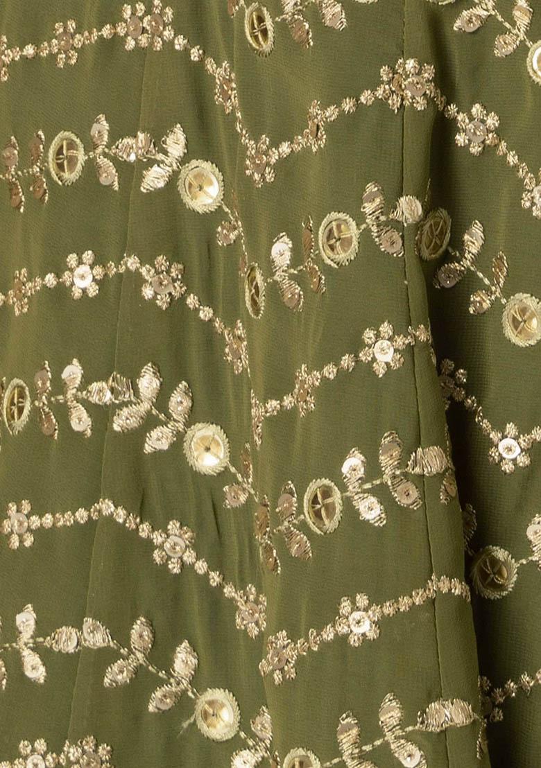 Green Embroidered Georgette Lehenga Set