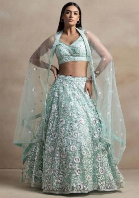 Blue Sequin Embroidered Net Lehenga Set