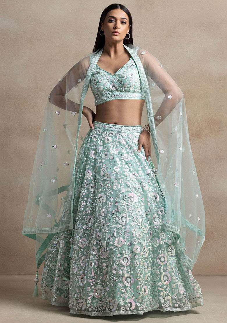 Blue Net Lehenga Set with Embroidered & Sequin for Diwali | Wedding & Festive Wear - Indya