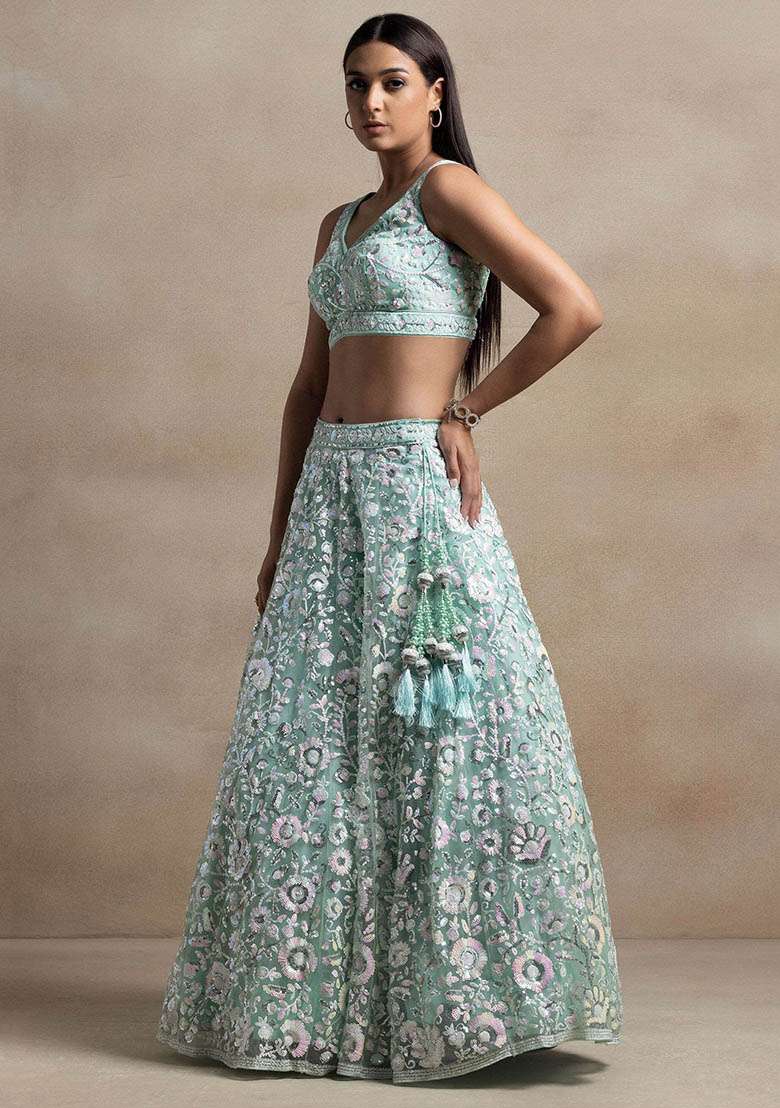 Blue Net Lehenga Set with Embroidered & Sequin for Diwali | Wedding & Festive Wear - Indya
