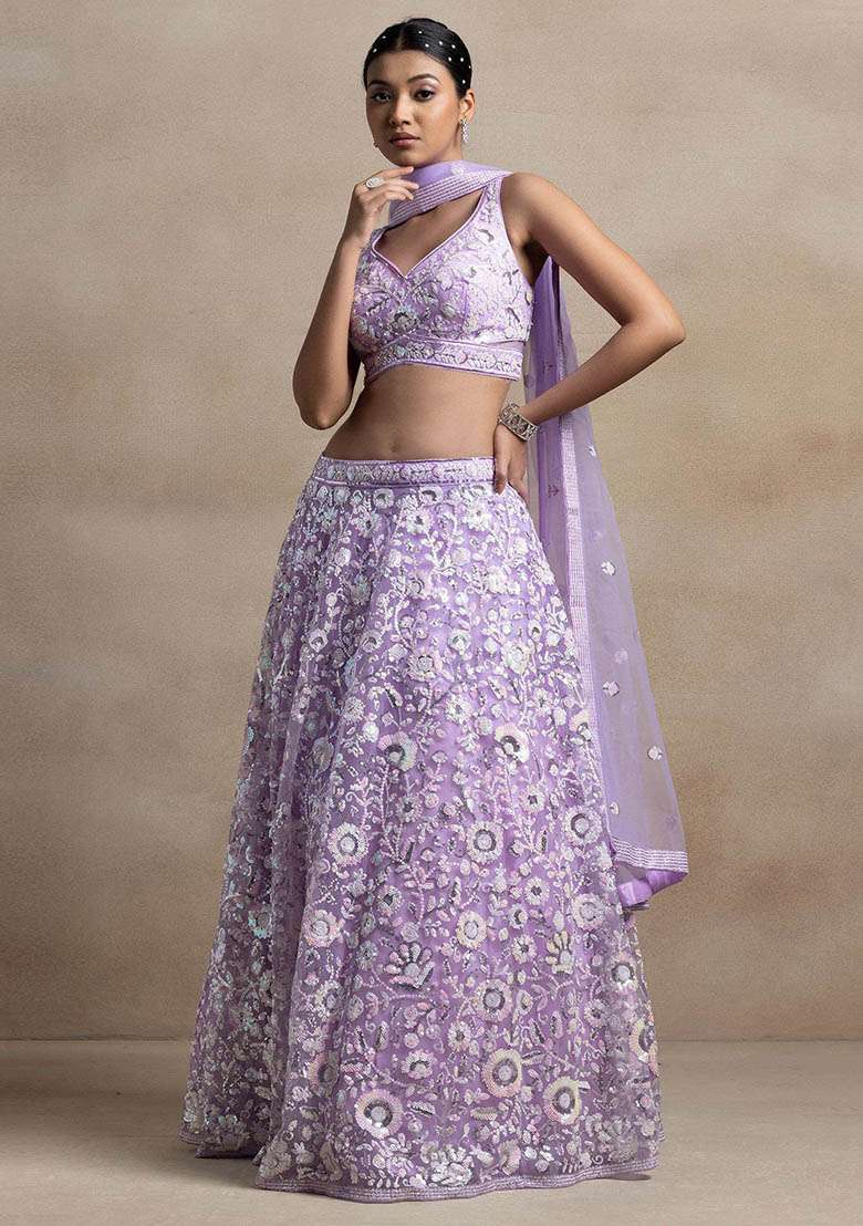 Lavender Sequin Embroidered Net Lehenga Set for Diwali and Festive Wear - Indya