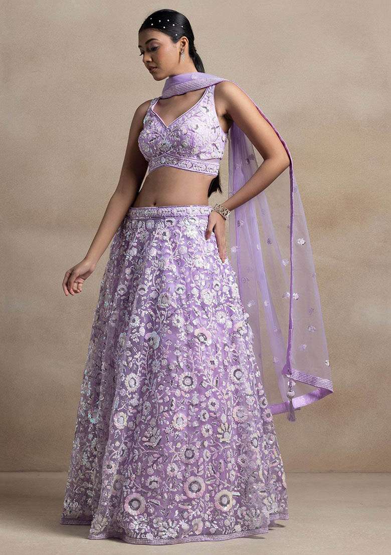 Lavender Sequin Embroidered Net Lehenga Set for Diwali and Festive Wear - Indya