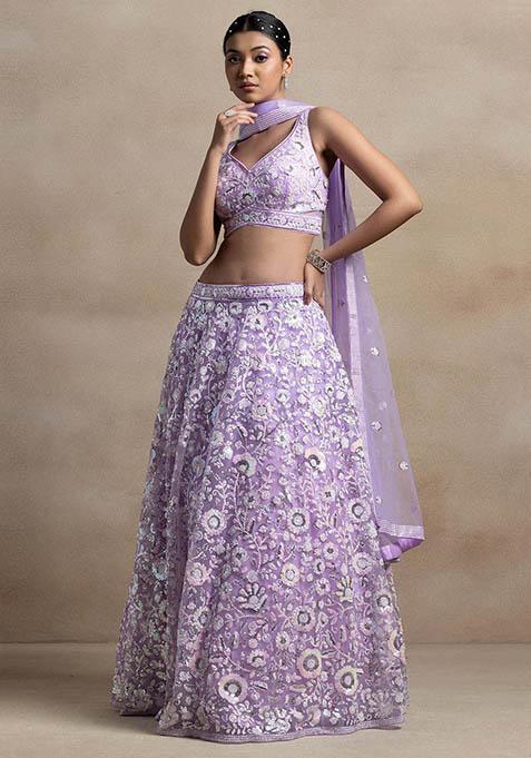 Lavender Sequin Embroidered Net Lehenga Set
