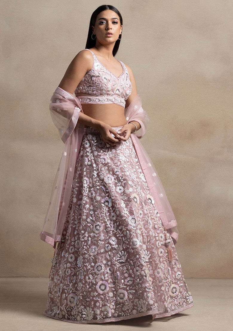 Pink Net Lehenga Set with Embroidered & Sequin for Diwali | Wedding & Festive Wear - Indya