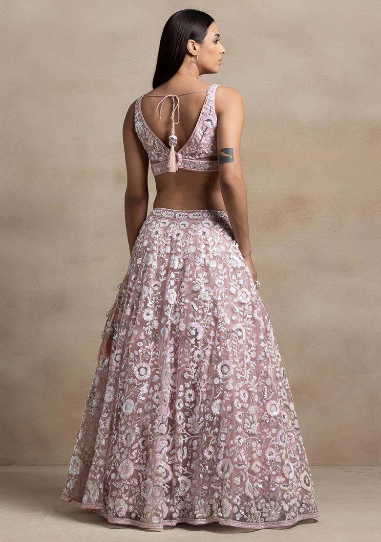 Pink Sequin Embroidered Net Lehenga Set