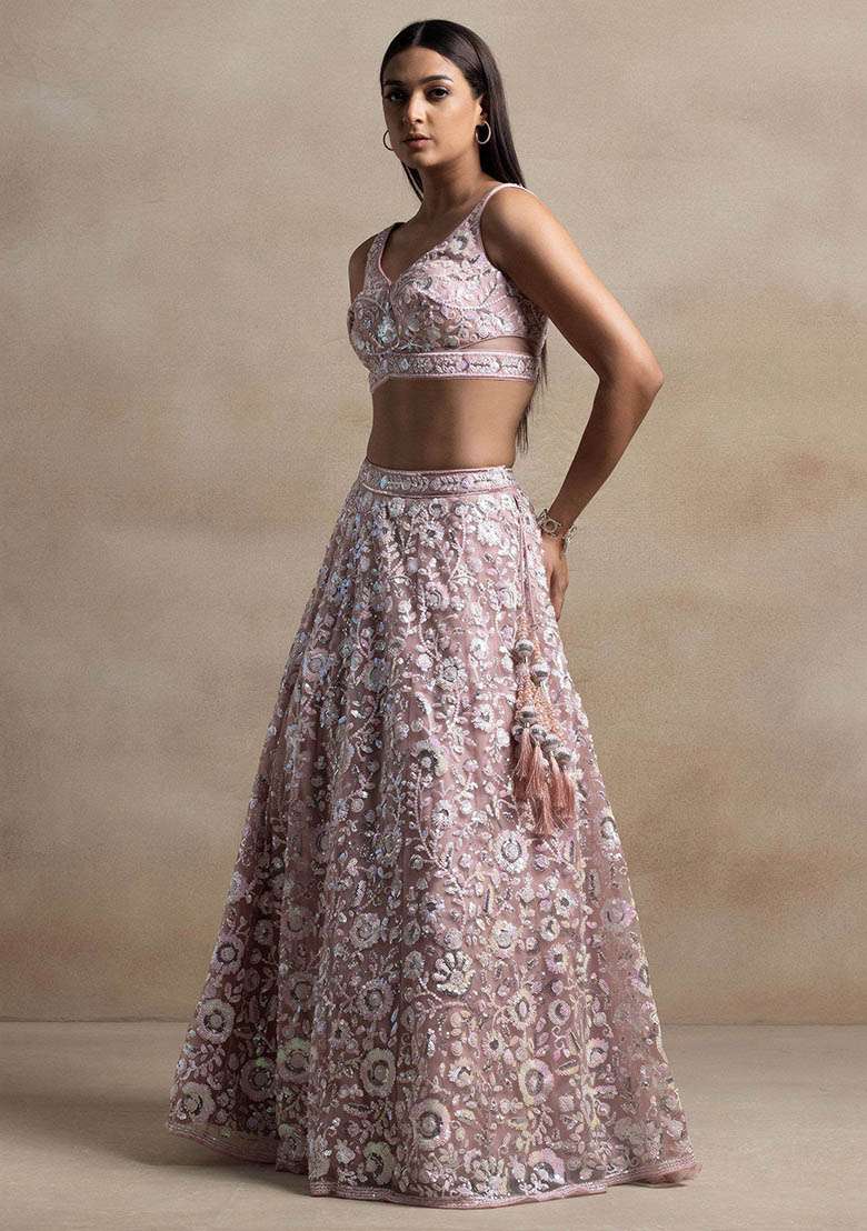 Pink Net Lehenga Set with Embroidered & Sequin for Diwali | Wedding & Festive Wear - Indya